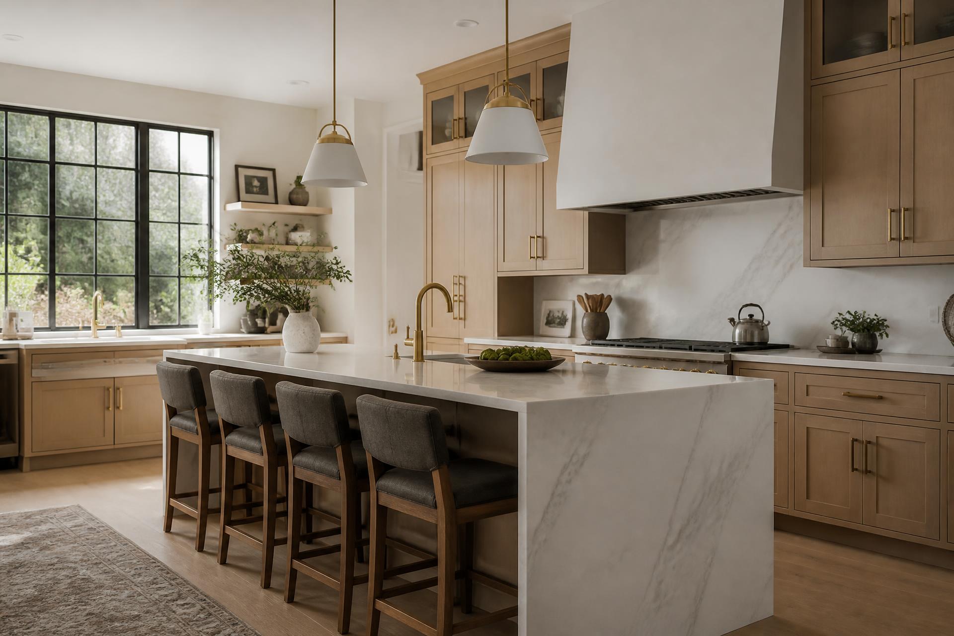 Modern renovated kitchen with white oak cabinetry and marble island
